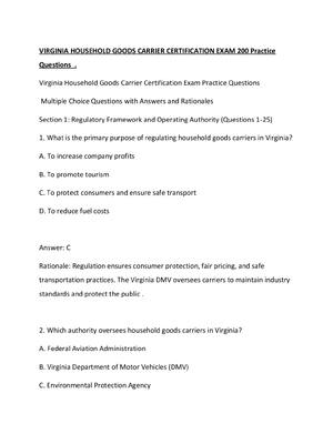 Preview of VIRGINIA HOUSEHOLD GOODS CARRIER CERTIFICATION EXAM 200 Practice Questions