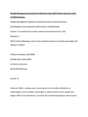 Preview of Weight Management Specialist Certification Exam 200 Practice Questions with Verified Answe