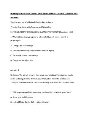 Preview of Washington Household Goods Carrier Permit Exam 200 Practice Questions with Answers
