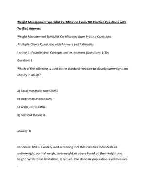 Preview of Weight Management Specialist Certification Exam 200 Practice Questions with Verified Answe