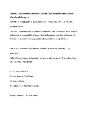 Preview of WGU D775 Introduction to Business Finance Objective Assessment Practice Questions