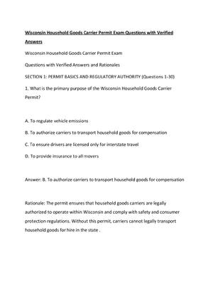 Preview of Wisconsin Household Goods Carrier Permit Exam Questions with Verified Answers