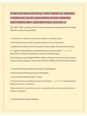 Preview of NURS 4525 HEALTH FINAL TEST MEDICAL 2026/2027 COMPLETE STUDY QUESTIONS WITH VERIFIED SOLUT