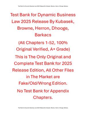 Preview of Test Bank For Dynamic Business Law 2025 Release By Kubasek, Browne, Herron, Dhooge, Barkac