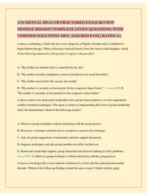 Preview of ATI MENTAL HEALTH PROCTORED EXAM REVIEW NEWEST 2026/2027 COMPLETE STUDY QUESTIONS WITH VER