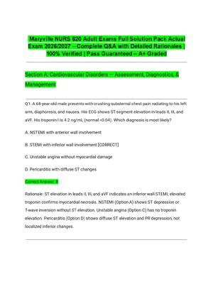 Preview of Maryville NURS 620 Adult Exams Full Solution Pack Actual Exam 2026/2027 – Complete Q&A wit