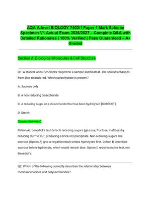 Preview of AQA A-level BIOLOGY 7402/1 Paper 1 Mark Scheme Specimen V1 Actual Exam 2026/2027 – Complet