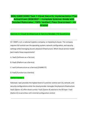 Preview of WGU D485 DGN2 Task 1 Cloud Security Implementation Plan Actual Exam 2026/2027 – Complete Solution Guide with Detailed Rationales | 100% Verified | Pass Guaranteed – A+ Graded