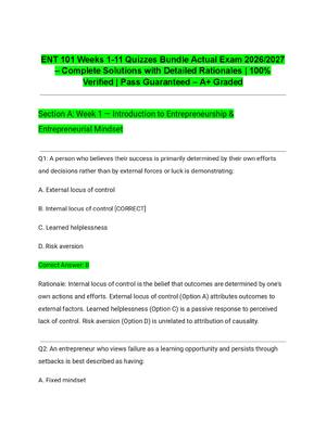 Preview of ENT 101 Weeks 1-11 Quizzes Bundle Actual Exam 2026/2027 – Complete Solutions with Detailed