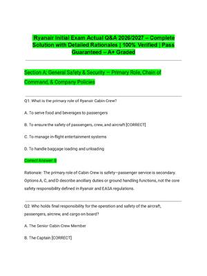 Preview of Ryanair Initial Exam Actual Q&A 2026/2027 – Complete Solution with Detailed Rationales | 1