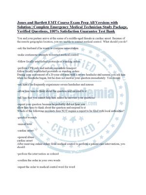 Preview of Jones and Bartlett EMT Course Exam Prep All Versions with Solution  | Complete Emergency M