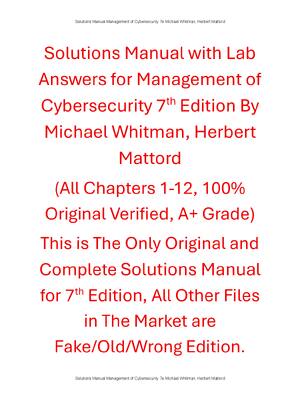Preview of Solutions Manual with Lab Answers Management of Cybersecurity 7th Edition By Michael Whitm