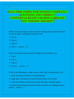 Preview of IFSAC FIRE INSPECTOR NEWEST COMPLETE  QUESTIONS AND CORRECT  ANSWERS |ALREADY GRADED A+||B