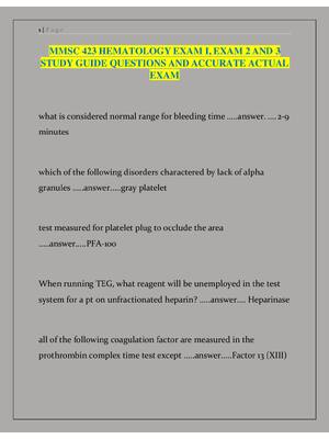 Preview of MMSC 423 HEMATOLOGY EXAM I, EXAM 2 AND 3  STUDY GUIDE QUESTIONS AND ACCURATE ACTUAL  EXAM