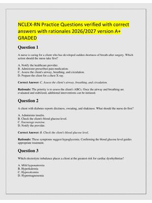 Preview of NCLEX-RN Practice Questions verified with correct  answers with rationales 2026/2027 versi