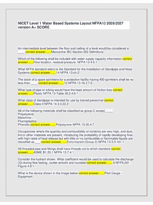 Preview of NICET Level 1 Water Based Systems Layout NFPA13 2026/2027  version A+ SCORE