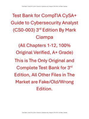 Preview of Test Bank CompTIA CySA+ Guide to Cybersecurity Analyst (CS0-003) 3rd Edition By Mark Ciamp