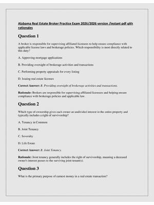 Preview of Alabama Real Estate Broker Practice Exam 2026/2026 version /instant pdf with  rationales