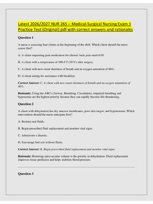 Preview of Latest 2026/2027 NUR 265 – Medical-Surgical Nursing Exam 1  Practice Test (Original) pdf w