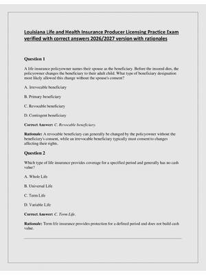 Preview of Louisiana Life and Health Insurance Producer Licensing Practice Exam  verified with correc