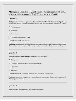 Preview of Menopause Practitioner Certification Practice Exam with actual  answers and rationales 202