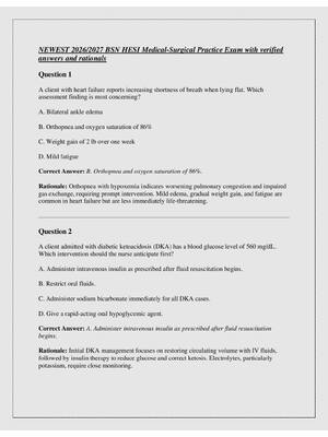Preview of NEWEST 2026/2027 BSN HESI Medical-Surgical Practice Exam with verified  answers and ration