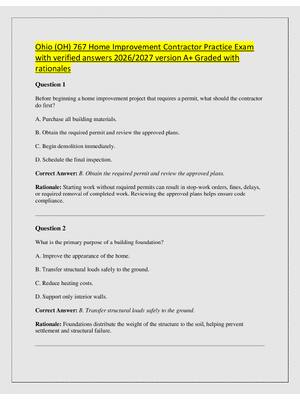 Preview of Ohio (OH) 767 Home Improvement Contractor Practice Exam  with verified answers 2026/2027 v