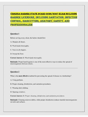 Preview of VIRGINIA BARBER STATE BOARD 2026/2027 EXAM NICLUDING  barber licensure, including sanitati