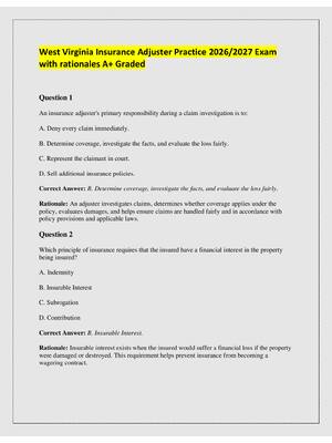 Preview of West Virginia Insurance Adjuster Practice 2026/2027 Exam  with rationales A+ Graded