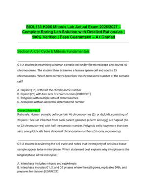 Preview of BIOL133 K006 Mitosis Lab Actual Exam 2026/2027 – Complete Spring Lab Solution with Detaile