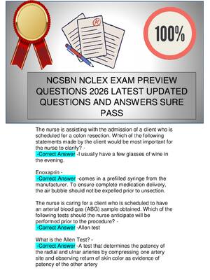 Preview image for NCSBN NCLEX EXAM PREVIEW QUESTIONS 2026 LATEST UPDATED QUESTIONS AND ANSWERS SURE PASS