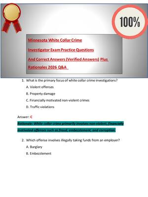 Preview image for Minnesota White Collar Crime Investigator Exam Practice Questions And Correct Answers(Verified Answers) Plus Rationales 2026 Q&A