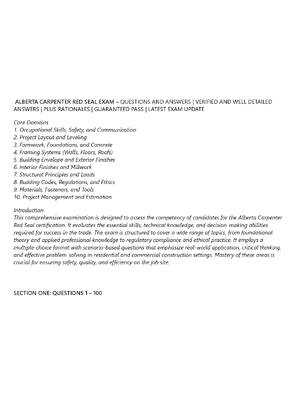 Preview of ALBERTA CARPENTER RED SEAL EXAM – QUESTIONS AND ANSWERS | VERIFIED AND WELL DETAILED ANSWE