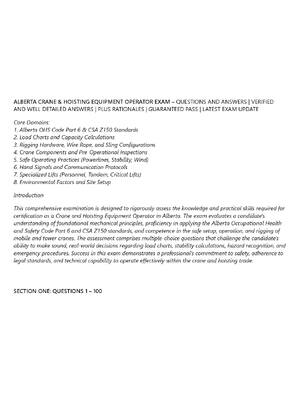 Preview of ALBERTA CRANE & HOISTING EQUIPMENT OPERATOR EXAM – QUESTIONS AND ANSWERS | VERIFIED AND WE