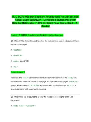 Preview of WGU D276 Web Development Foundations Pre-Assessment Actual Exam 2026/2027 – Complete Solution Pack with Detailed Rationales | 100% Verified | Pass Guaranteed – A+ Graded