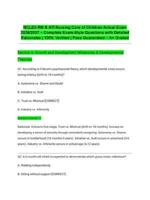 Preview of NCLEX-RN &amp; ATI Nursing Care of Children Actual Exam 2026/2027 – Complete Exam-Style Questions with Detailed Rationales | 100% Verified | Pass Guaranteed – A+ Graded