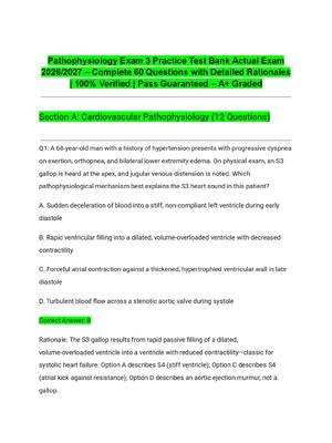 Preview image for Pathophysiology Exam 3 Practice Test Bank Actual Exam 2026/2027 – Complete 60 Questions with Detailed Rationales | 100% Verified | Pass Guaranteed – A+ Graded