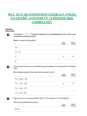 Preview of WGU D771 QUANTITATIVE LITERACY (POGO) EXAM PRE ASSEMENT / UPDATED 2026/ COMPLETE