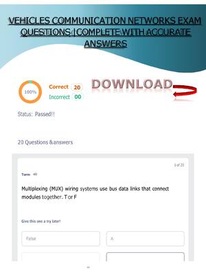 Preview of VEHICLES COMMUNICATION NETWORKS EXAM QUESTIONS |COMPLETE WITH ACCURATE ANSWERS 2026/2027