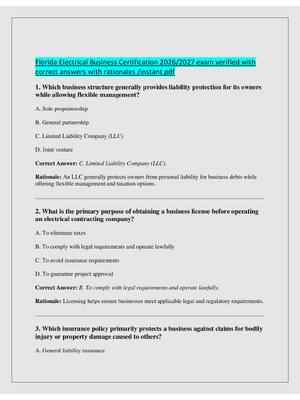 Preview of Florida Electrical Business Certification 2026/2027 exam verified with  correct answers wi