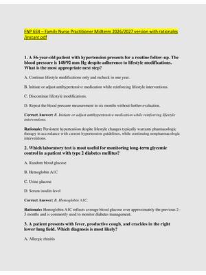 Preview of FNP 654 – Family Nurse Practitioner Midterm 2026/2027 version with rationales  /instant pd