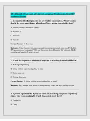 Preview of NR 602 Week 8 Final Exam with correct answers with rationales 2026/2027  version A+ Graded