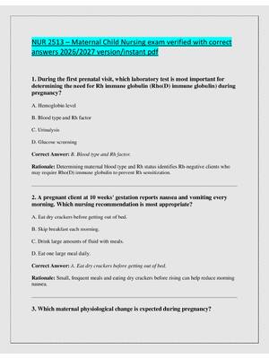 Preview of NUR 2513 – Maternal Child Nursing exam verified with correct  answers 2026/2027 version/in