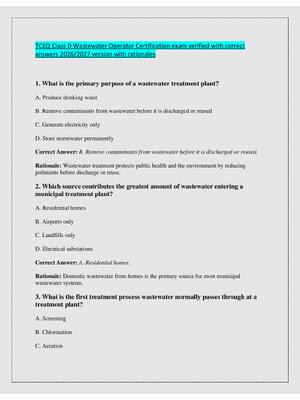 Preview of TCEQ Class D Wastewater Operator Certification exam verified with correct  answers 2026/20
