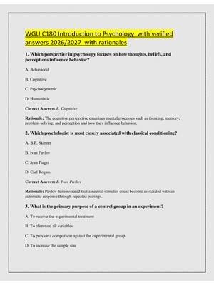 Preview of WGU C180 Introduction to Psychology  with verified  answers 2026/2027  with rationales
