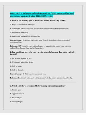 Preview of WGU D415 – Software Defined Networking (SDN) exam verified with  correct answers A+ Graded