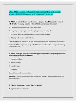 Preview of WGU D487 – Secure Software Design exam verified with correct  answers 2026/2027 version wi