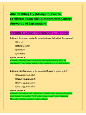 Preview of Alberta Biting Fly (Mosquito) Control  Certificate Exam 200 Questions with Correct  Answer