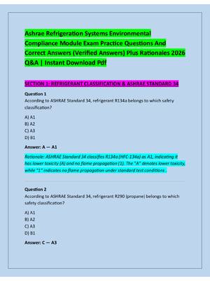 Preview of Ashrae Refrigeration Systems Environmental  Compliance Module Exam Practice Questions And  Correct Answers (Verified Answers) Plus Rationales 2026  Q&amp;A | Instant Download Pdf