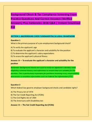 Preview of Background Check & Tax Compliance Screening Exam  Practice Questions And Correct Answers (